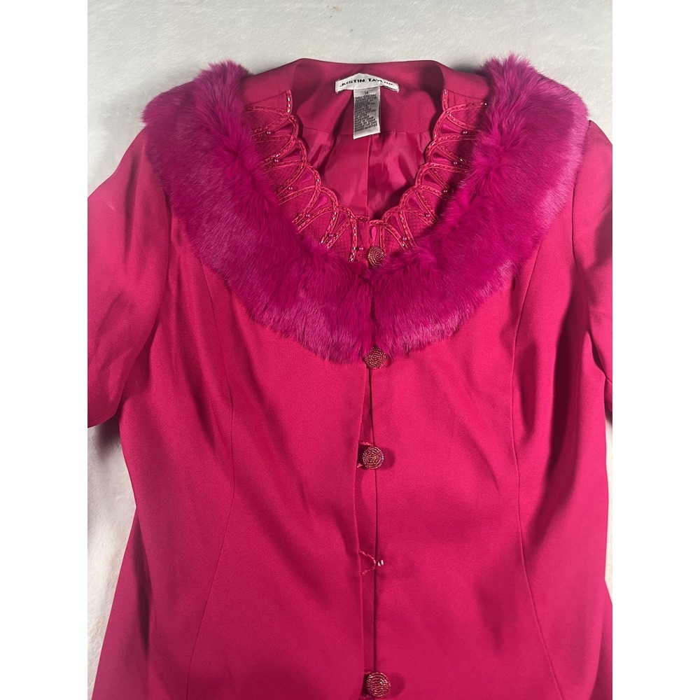 Justin Taylor Skirt Suit Womens 14 Fuchsia Faux Fur Collar Beaded Two Piece